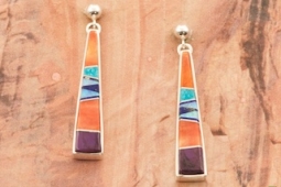 Calvin Begay Genuine Gemstones Sterling Silver Earrings 1 1/2" Long